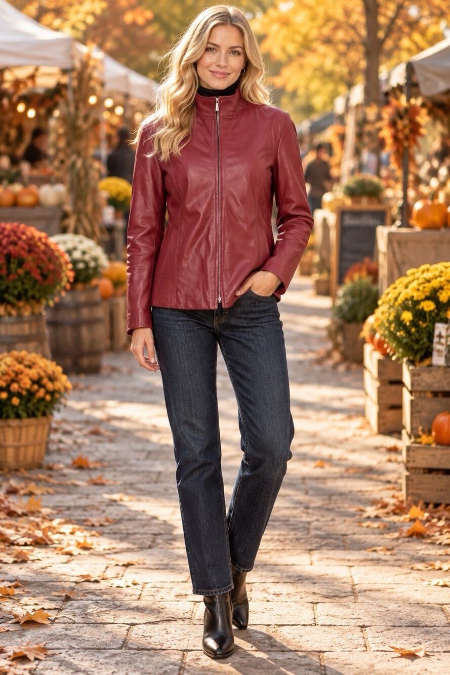 Wilsons Leather Red Burgundy Zip Up Mock Neck Moto Coat Jacket Size XXL